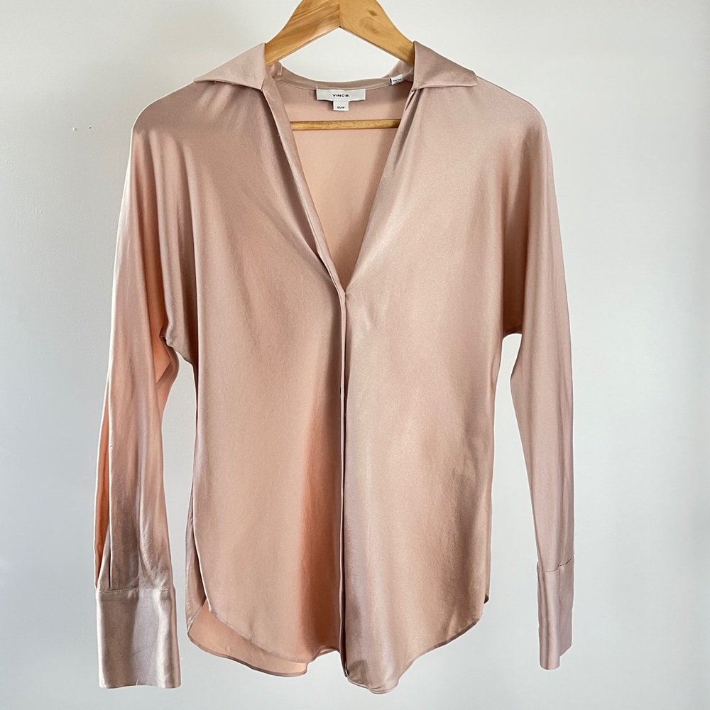 Vince Pink Silk Bias Long-Sleeve Blouse size XS